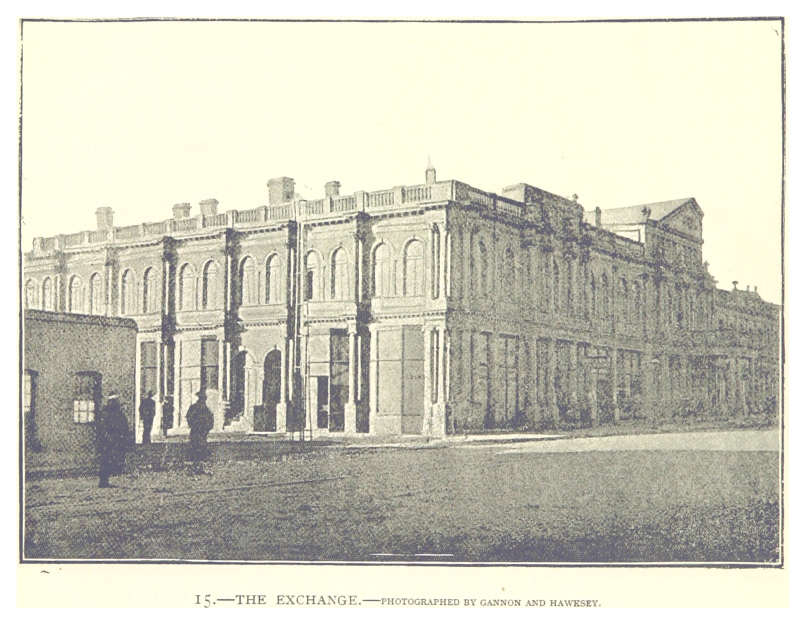 1893 print of the first Johannesburg Stock Exchange building, titled The Exchange