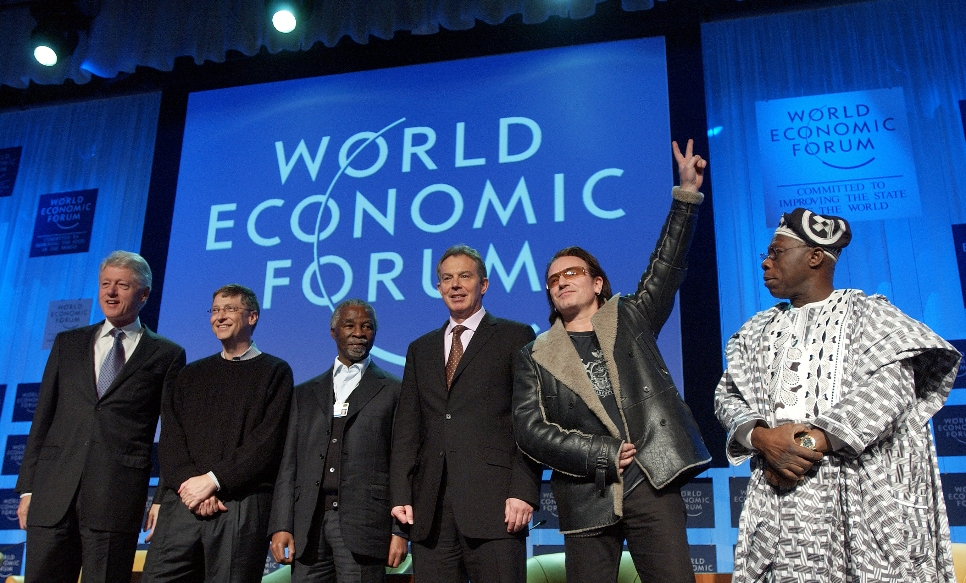 World Economic Forum Annual Meeting, Davos 2005, with Bill Clinton, Bill Gates, Thabo Mbeki, Tony Blair, Bono, and Olusegun Obasanjo